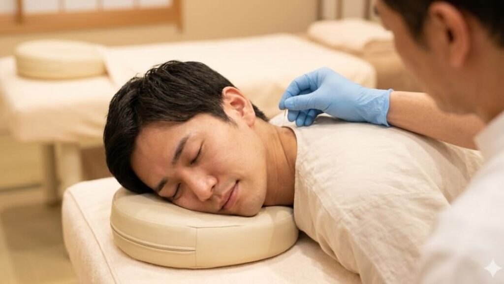 鍼灸師が、30代日本人男性患者の首に鍼を打つ、優しく丁寧な施術風景。パニック障害の改善アプローチ。