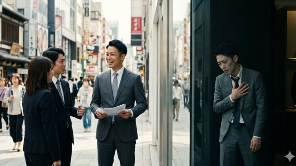 営業の30代日本人男性が笑顔で同僚と話す一方で、窓ガラスの反射には苦しむ表情が映る