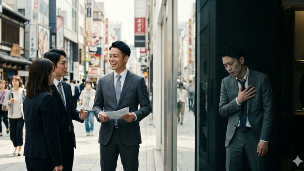 営業の30代日本人男性が笑顔で同僚と話す一方で、窓ガラスの反射には苦しむ表情が映る