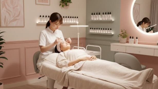 温かい照明のマツエクサロンでリラックスした表情で施術を受ける日本人女性と優しいアイリスト