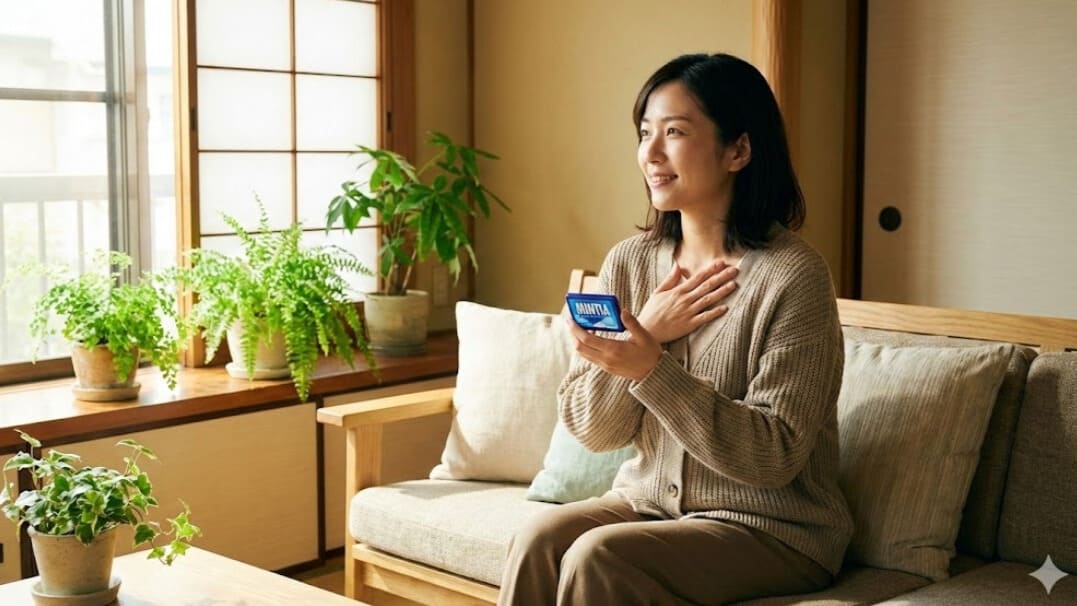 パニック障害の不安を和らげるお守りのミンティアと、穏やかな表情の日本人女性。心身の安定を表現した温かい写真。