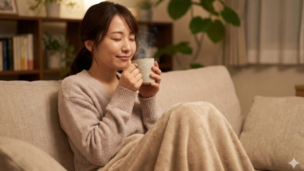 ソファで毛布にくるまり、温かい飲み物を飲んでリラックスする女性。パニック障害や自律神経を整えるための「やり過ぎない」日常の疲労ケアのイメージ。