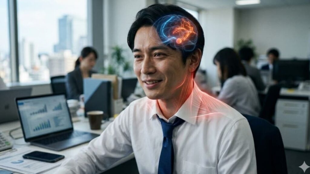 30代日本人男性の営業マンの首周りに緊張(赤)と脳への血流悪化(青)を概念図で示す、パニック発作の身体的要因。