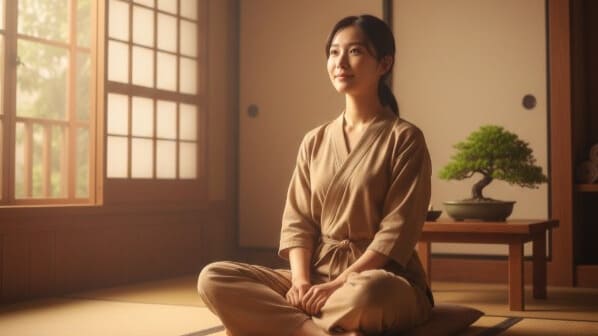 温かい光に包まれた静かな治療院の空間で、安心した表情を浮かべる若い女性。回復への希望と伴走者のサポートを象徴する画像