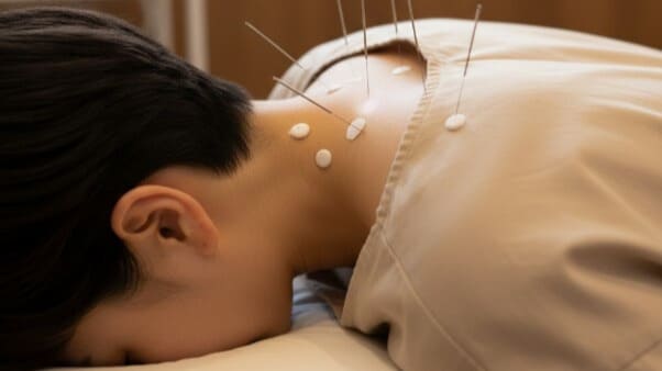 鍼灸治療を受けている日本人患者の背中に鍼が刺されている様子、穏やかな治療室の雰囲気