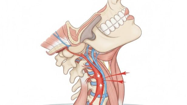 首の椎骨動脈と頸椎の解剖学的イラスト、シャンプー台での首の後屈姿勢が脳血流に与える影響を示す医療図解