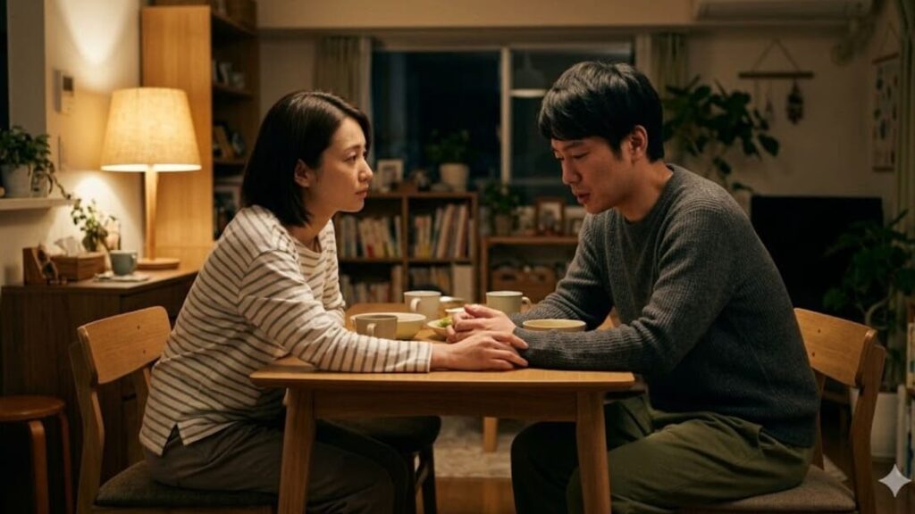 自宅で、妻の隣に座り、悩みを打ち明ける30代日本人男性の共感と支援を示す場面。