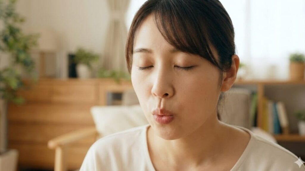 穏やかな室内で、目を閉じてリラックスした表情の若い日本人女性が、口を細くすぼめてゆっくりと息を吐き出す呼吸法を実践しているクローズアップ写真。