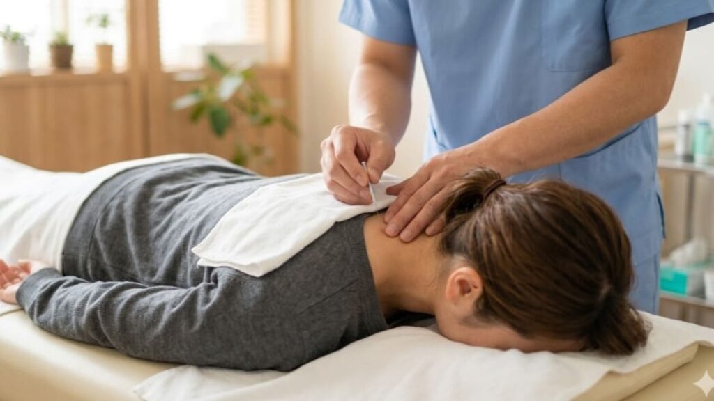 鍼灸師の手元のクローズアップ、自律神経ケアのための鍼施術