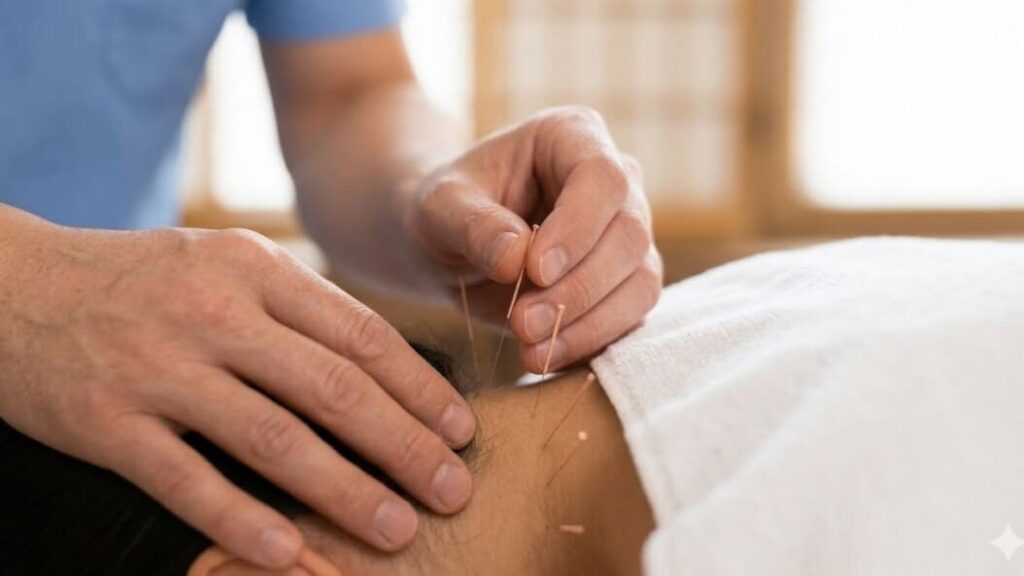 浜崎鍼灸整骨院で、鍼灸師が40代日本人女性の首・肩に鍼施術を行っている落ち着いた治療室の様子