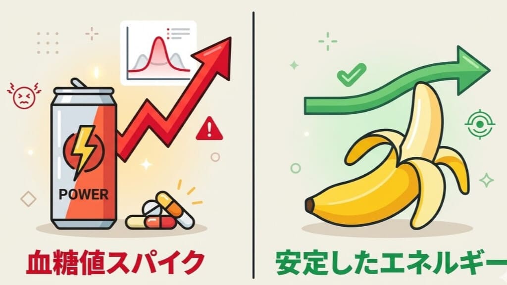 エナジードリンクによる血糖値スパイクとバナナによる安定したエネルギー供給を比較した図解