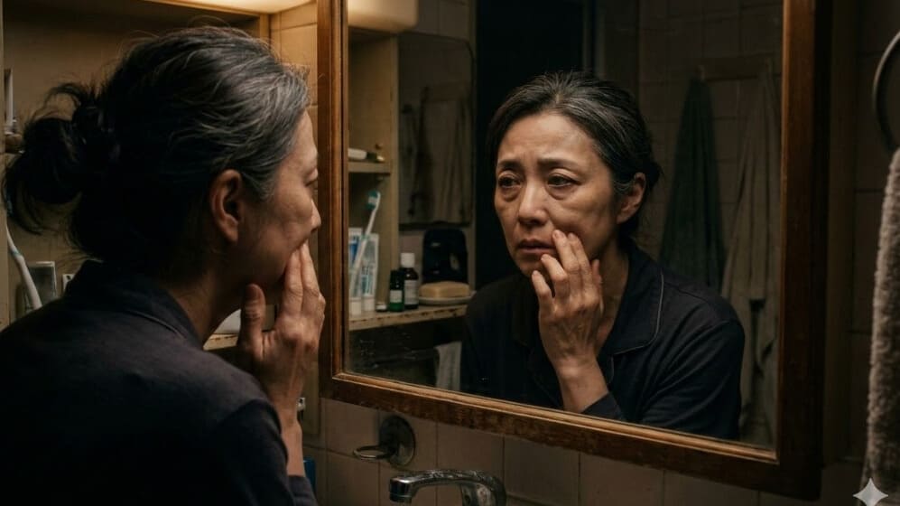 大阪市で。自宅で顔のたるみやほうれい線に悩む様子