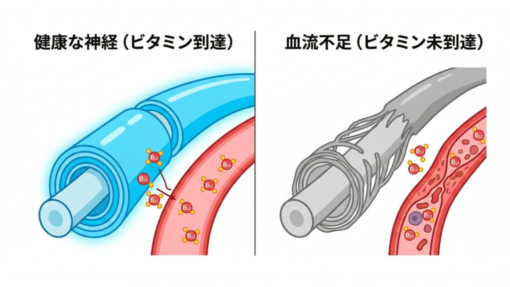 ビタミンB12が血流不足で顔面神経に届かない仕組みを示す図解