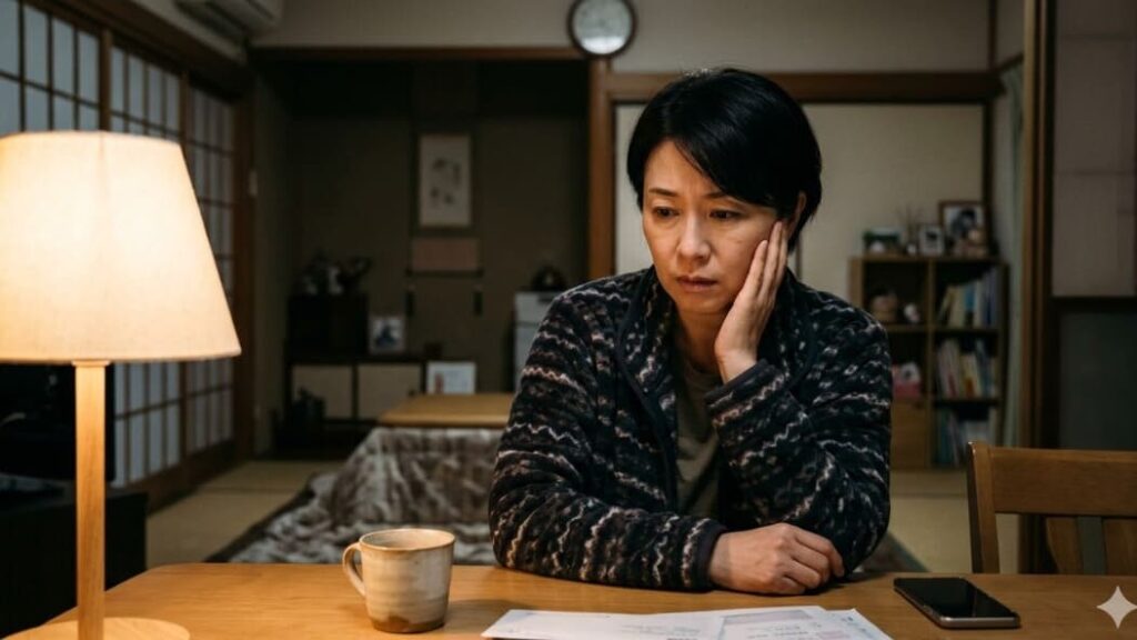 顔面神経麻痺の感染不安を抱える40代日本人女性が夜に一人で顔を触りながら悩む様子