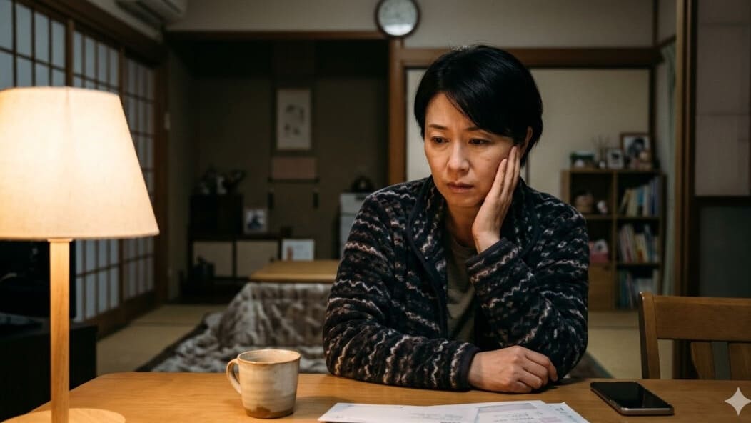 顔面神経麻痺の感染不安を抱える40代日本人女性が夜に一人で顔を触りながら悩む様子