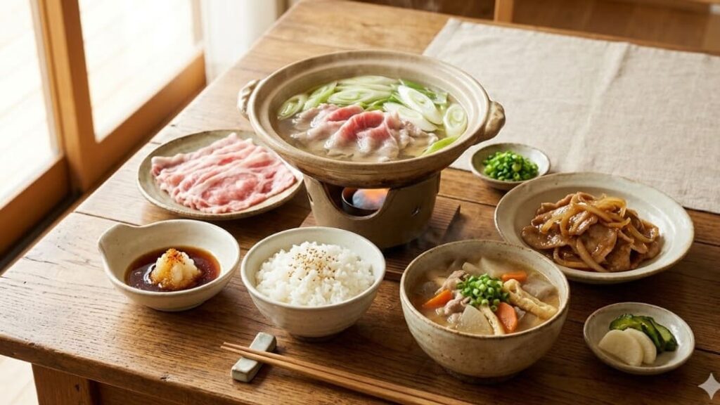 顔面神経麻痺の回復を助けるビタミンB1が豊富な豚肉しゃぶしゃぶとネギ入り豚汁の食事