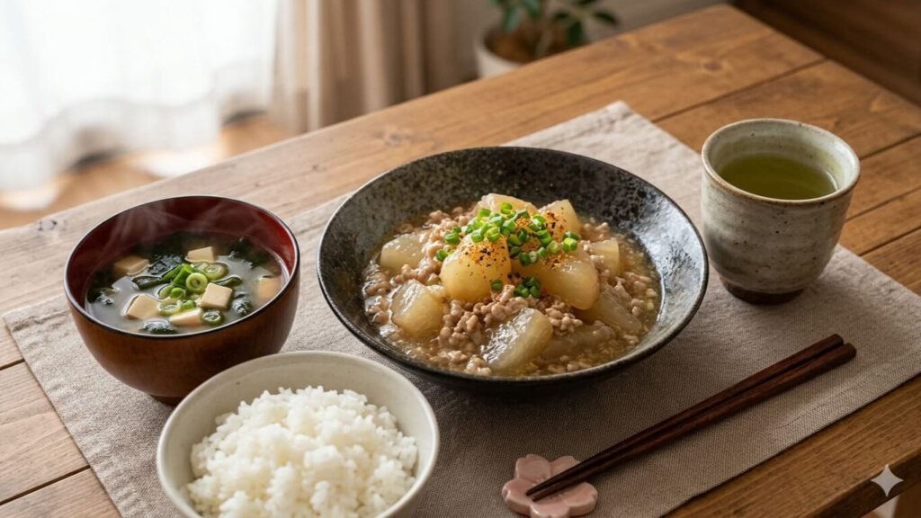 顔面神経麻痺の回復期に適した大根と豚肉のそぼろあんかけ定食