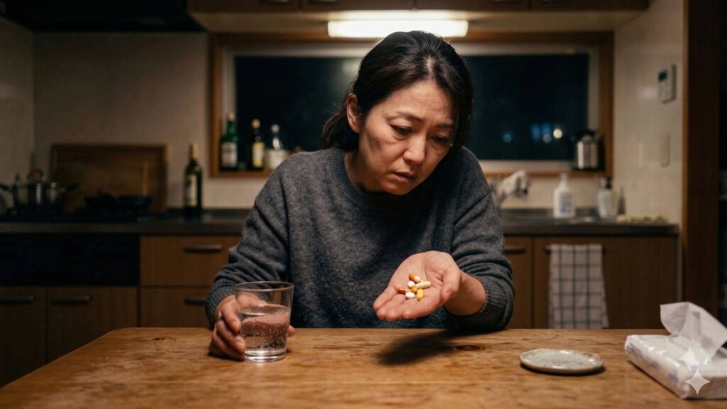 顔面神経麻痺でビタミンサプリを手に悩む40代日本人女性