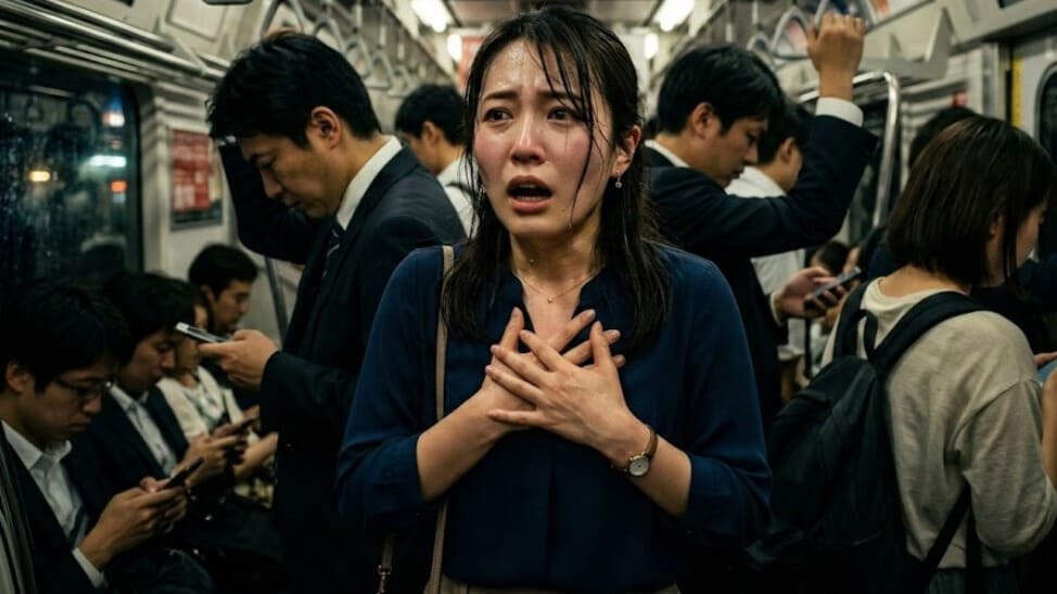 大阪市、朝の通勤電車内で過換気症候群に悩む様子