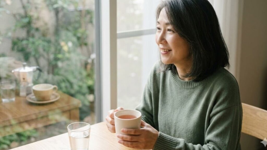 柔らかな光の中で、コーヒーではなく水とノンカフェインのハーブティーを選ぶ日本人女性。自律神経を整える、自分を大切にする習慣。
