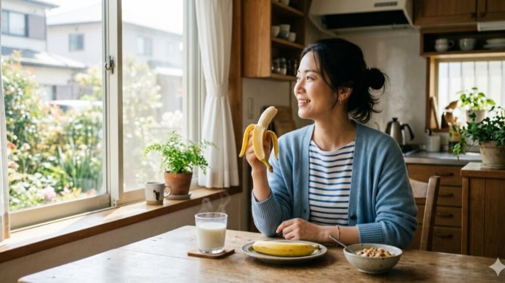 朝の窓辺でバナナを食べる30代日本人女性。温かいミルクと朝日が差し込む穏やかな朝食シーン