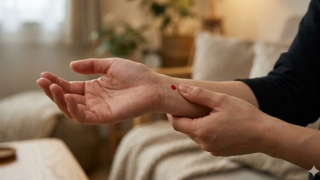 手首の内側にある内関ツボを親指で押す日本人女性の手元のアップ