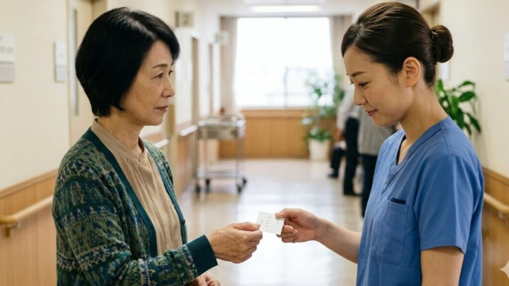 手術前の病院廊下で、日本人女性が看護師に、発作時の想いや対応を記したヘルプカードを手渡している。連携による安心感を伝える。