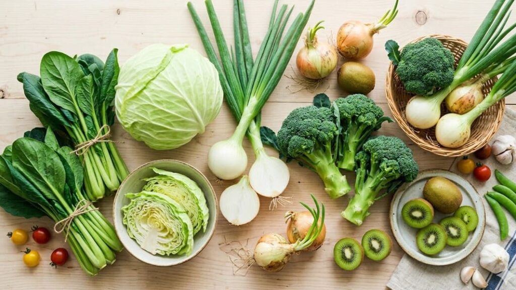 免疫力を高める旬の春野菜（春キャベツ・菜の花・新玉ねぎ・ブロッコリー）を並べた食材写真
