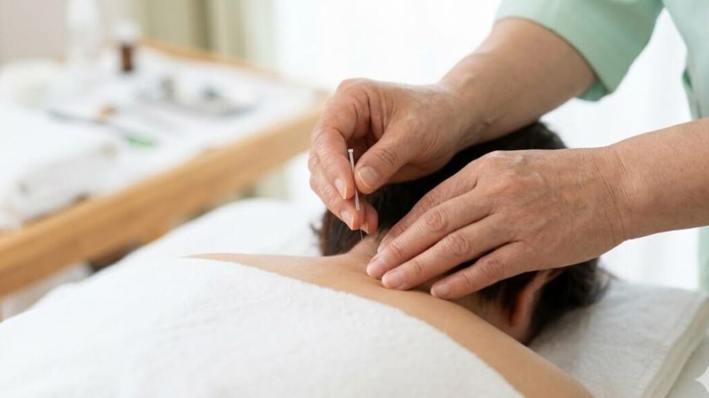 大阪の浜崎鍼灸整骨院で鍼灸師が優しく丁寧に鍼を施術している手元のクローズアップ。患者はリラックスしている