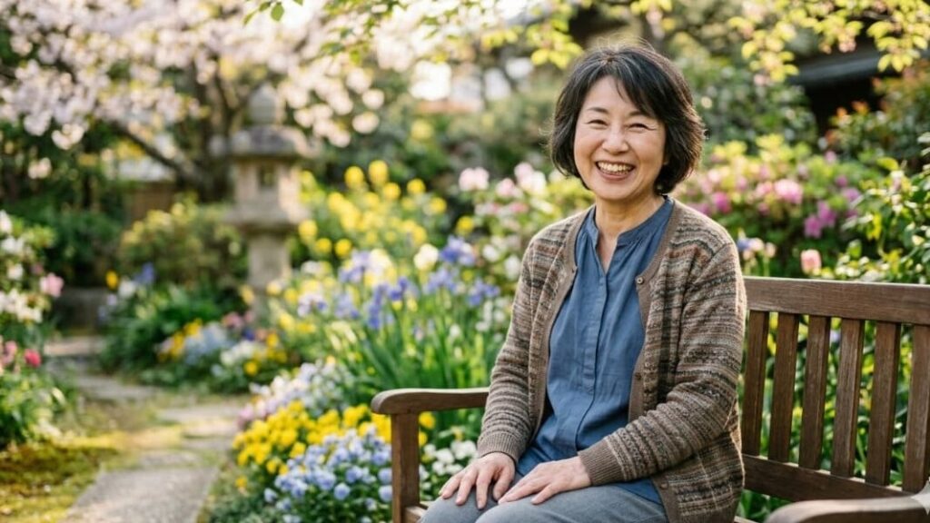 手術を乗り越え、安心と喜びを得た日本人女性が、希望に満ちた表情で美しい庭園に座っている。未来への希望。