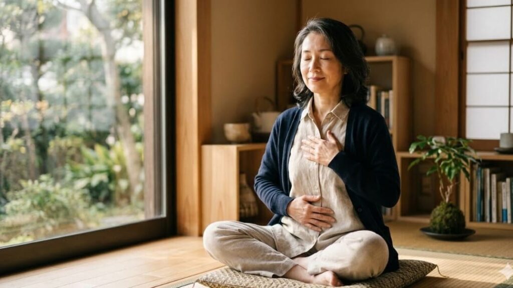 リビングルームで、日本人女性が目を閉じ、お腹に手を当てて深くゆっくりと「3秒呼吸法」を実践している。自分を癒す時間。