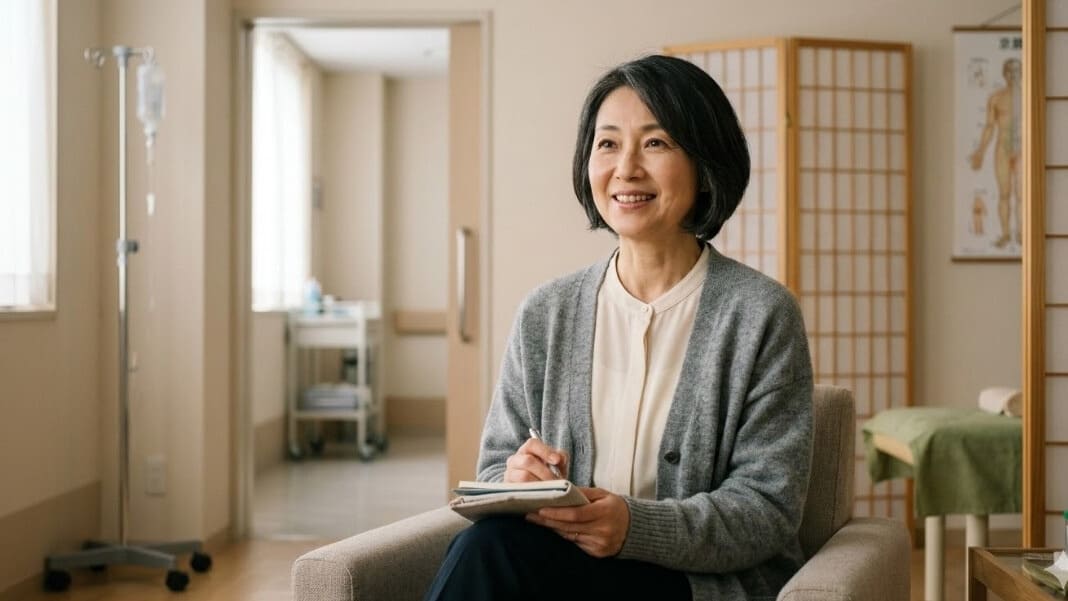 病院の廊下と鍼灸院の雰囲気が融合した空間で、手術を控えた日本人女性が、希望を持って前を見つめるアイキャッチ。連携による安心感を象徴。