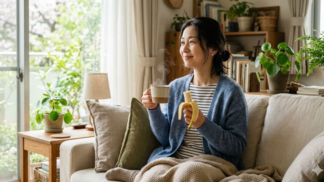 春バテで疲れを感じる40代日本人女性が自宅のソファでバナナと温かい飲み物を手に休む様子