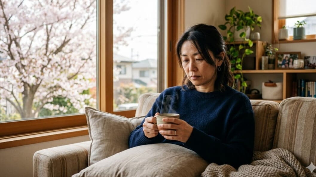 春バテで疲れを感じる40代日本人女性が自宅のソファで温かい飲み物を手に休む様子