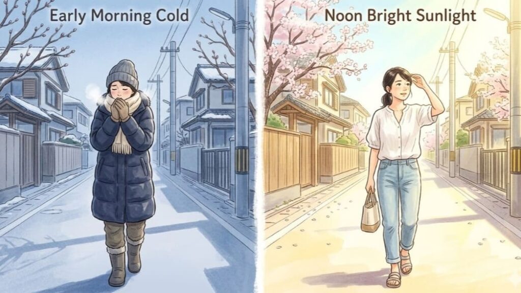 春の激しい寒暖差を朝と昼で対比して表現したイラスト