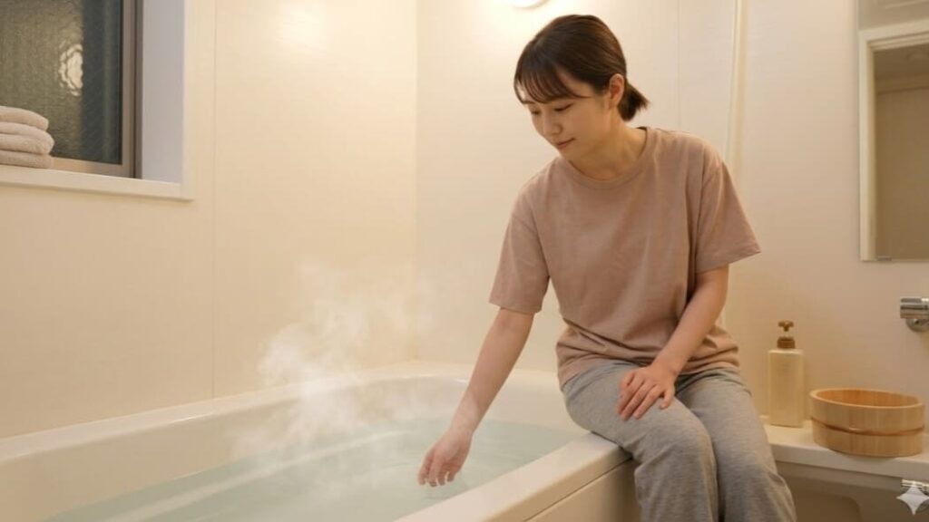 春バテ対策にぬるめのお湯の温度を確認する日本人女性