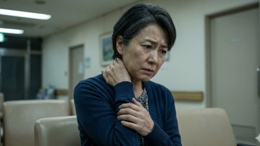 手術前の予期不安により首や肩がガチガチに緊張し、不安な表情で首を触る日本人女性のクローズアップ。患者の痛みに寄り添う。